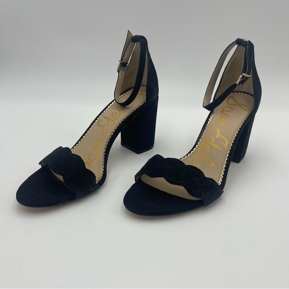 Sam Edelman ODILA Black Suede Scalloped Ankle Strap Heeled Sandals-SZ 9-MSRP$120